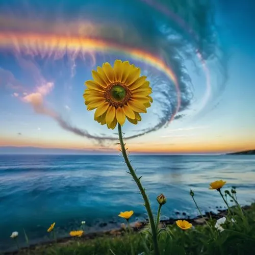 flower in sunset,colorful daisy,blanket flowers,dandelion flower,colorful spiral,flower art,sunflower,dandelion,rainbow clouds,natural phenomenon,sun flower,sun flowers,fallen flower,splendor of flowe