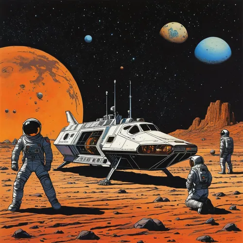 mission to mars,moon base alpha-1,tranquility base,lunar prospector,lunar landscape,moon vehicle,space craft,moon rover,space voyage,moon landing,space art,astronauts,lunar,red planet,sci fiction illustration,cosmonautics day,spacecraft,moon car,space tourism,astronautics,Illustration,American Style,American Style 14