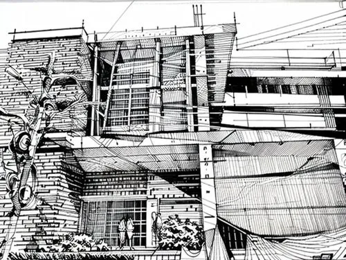 front elevation ,wireframe,wireframe graphics,mono-line line art,scaffolding,line drawing,mono line art,scribble lines,wires,fire escape,frame drawing,pencil lines,facade painting,scaffold,building co