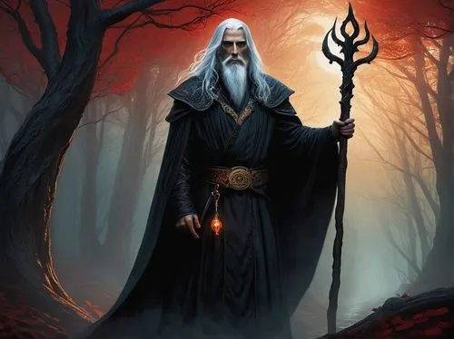 Dark fantasy illustration, Raistlin Majere character, majestic sorcerer, slender build, pointed beard, long white hair, golden eyes, intricate black robe, crimson lining, ornate silver belt buckle, ho