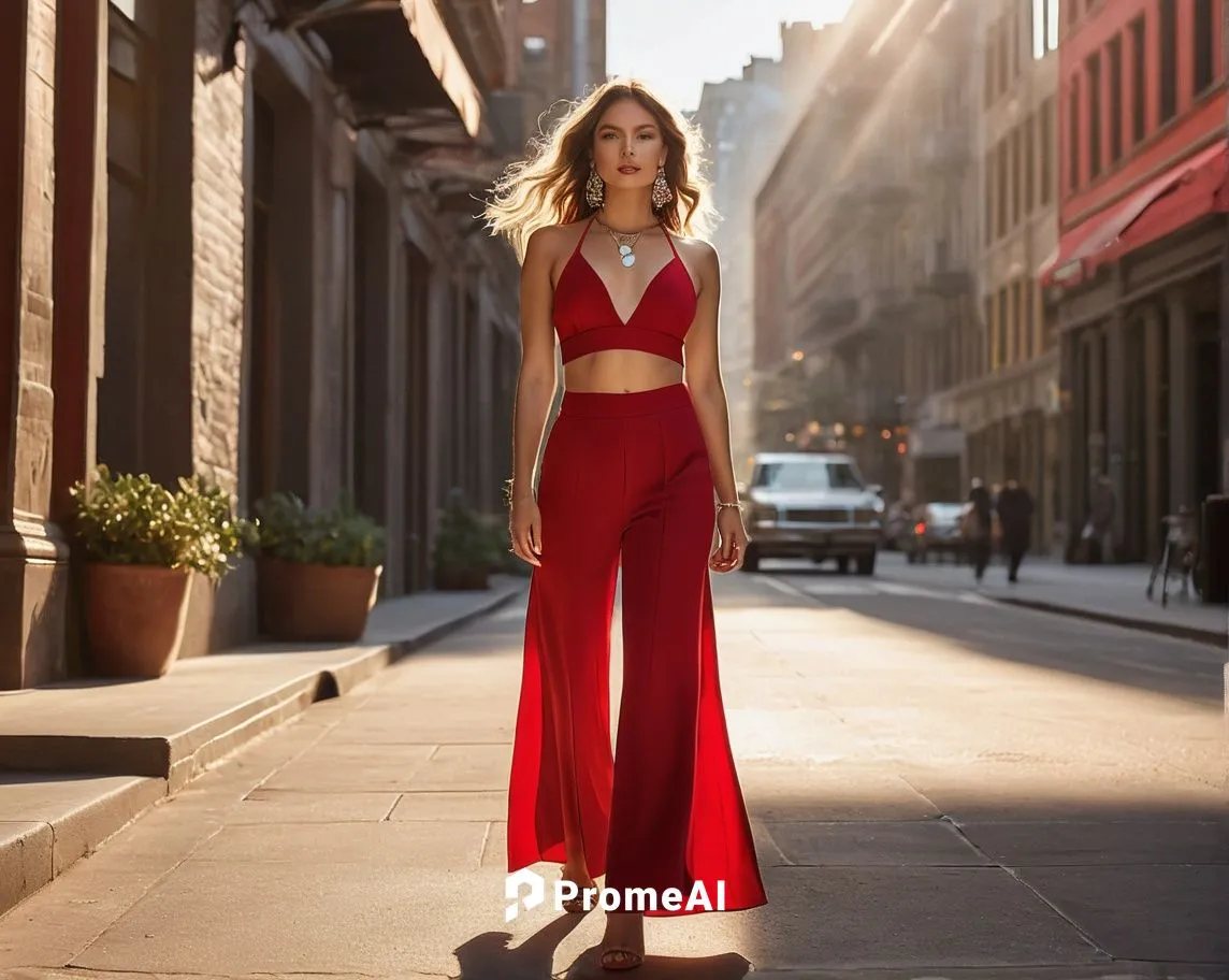 (High quality image), ((HD clarity)), (((Beautiful sunlight))), (Red outfit) Beautiful young woman wearing Verdusa Women's 2 Piece 70s Outfit Boho Halter V Neck Crop Top and Wide Leg Pants Set in red,