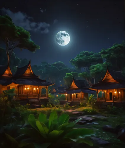 night scene,moonlit night,monkey island,fantasy landscape,druid grove,moonlit,polynesia,cartoon video game background,world digital painting,huts,landscape background,resort town,dusk background,fantasy picture,an island far away landscape,borneo,korean folk village,concept art,moonlight,at night,Photography,General,Fantasy