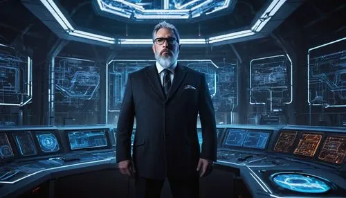 Domain expert, 1 person, male, mature, professional attire, glasses, beard, serious facial expression, standing, futuristic laboratory background, complex machinery, wires, screens, architecture diagr