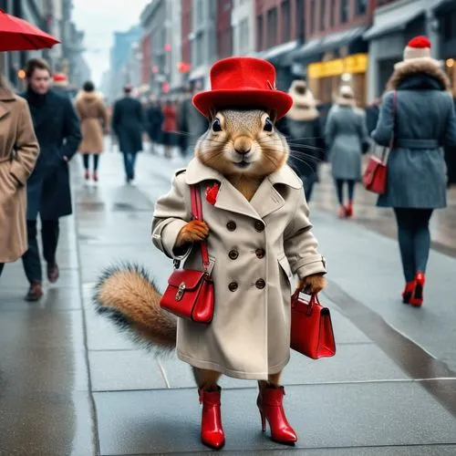 whimsical realistic, fuzzy and hairy princess of the squirrel fink clan with red high heels, a trenchcoat and a red fashion hat walking down a busy sidewalk,red coat,the fur red,mainzelmännchen,animal