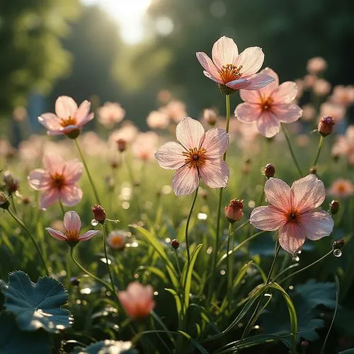 A detailed image of a garden where the flowers are made of delicate glass, reflecting the sunlight beautifully,a field with many pink flowers sitting in the grass,japanese anemones,cosmos flower,cosmo