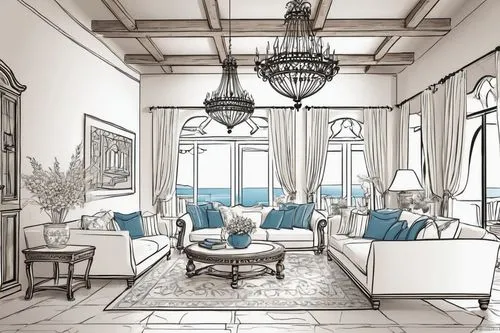 ornate room,parlor,breakfast room,dining room,clubroom,hotel lobby,blue room,ballroom,luxury home interior,interiors,living room,sketchup,sitting room,penthouses,an apartment,livingroom,watercolor tea shop,tearoom,donghia,victorian room,Illustration,Black and White,Black and White 04