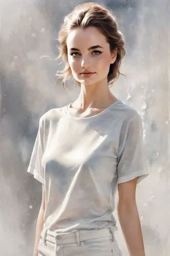 WOMAN MODEL, FASHION LIFESTYLE, 1970s,a young woman wearing a t - shirt and beige pants,portrait background,abnegation,tee,cotton top,portman,rey,Digital Art,Watercolor