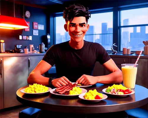 cartoon breakfast scene, colorful, vibrant, sunny morning, happy atmosphere, steaming hot coffee, crispy bacon strips, scrambled eggs, toasted bread, butter and jam, fruit salad, milkshake, smiling ca