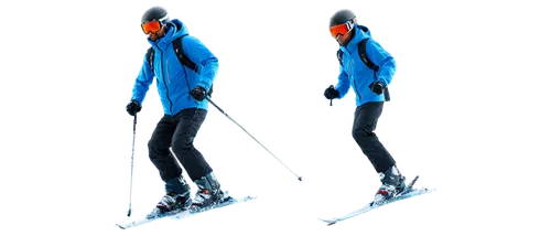 Skiing man, winter sports, dynamic pose, muscular arms, goggles on forehead, helmet, windbreaker jacket, snow pants, ski boots, holding ski poles, mountain scenery (background removed), low-angle shot