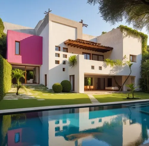 an elegant house with a bright, colorful exterior,modern house,mahdavi,dreamhouse,fresnaye,holiday villa,beautiful home,masseria,dunes house,modern architecture,villas,luxury property,vivienda,mansion