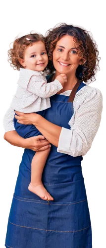 Middle-aged woman, gentle smile, warm eyes, curly brown hair, minimal makeup, casual wear, floral blouse, dark blue jeans, apron, holding a baby, tender posture, soft lighting, 3/4 composition, shallo