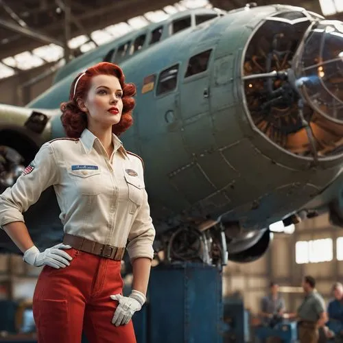 h a female factory worker in pin-up 1944 style with a girl in white shirt, blue jeans, white gloves, red headskarf with white dots working in aircraft factory at Ford, Detroit a B-17 bomb aircraft,boe