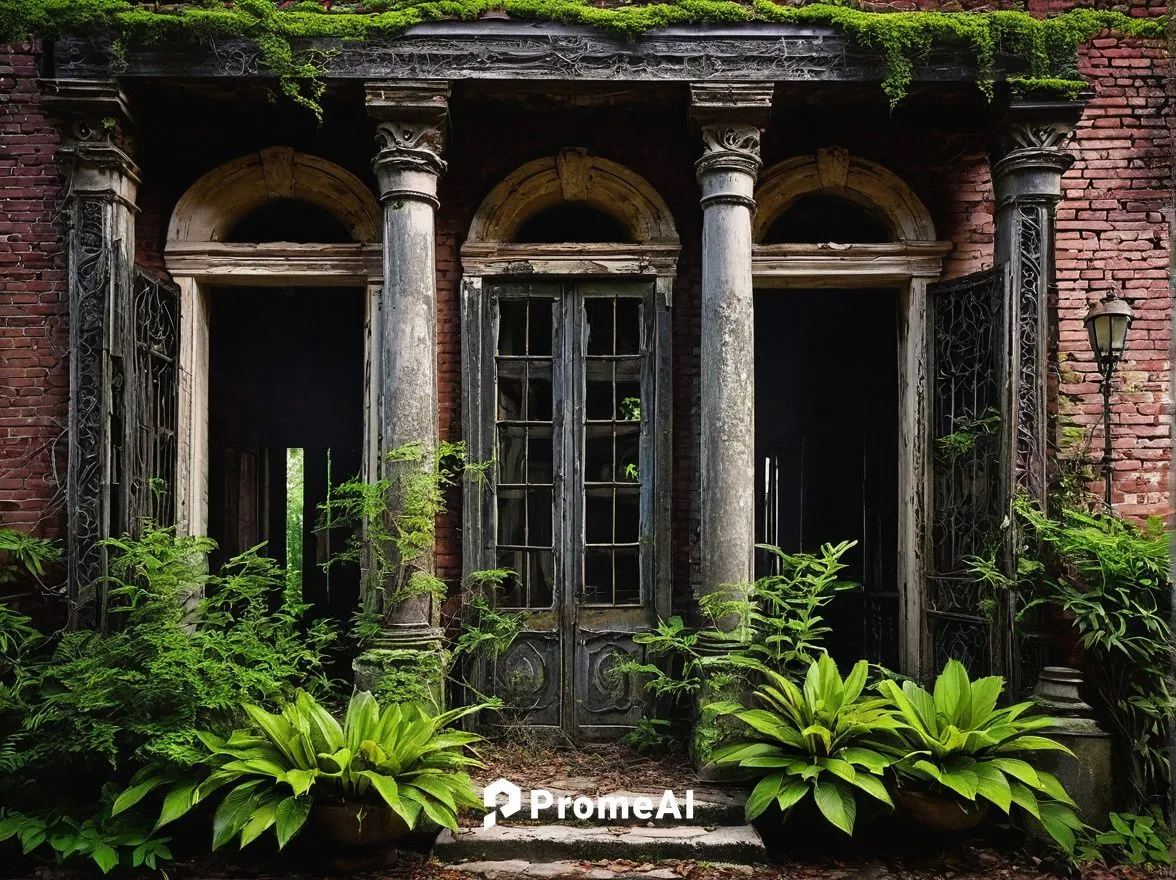 Old Louisiana mansion, architectural salvage, worn wooden doors, ornate ironwork, rusty metal gates, overgrown gardens, vines crawling up stone walls, distressed stucco, crumbling brick façade, broken