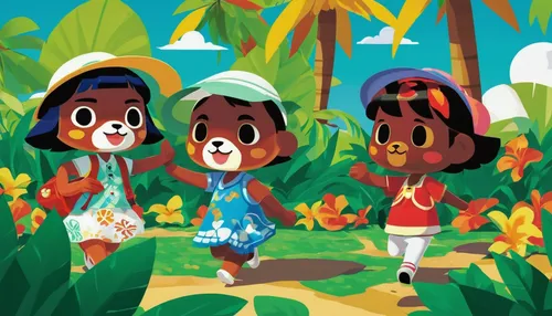 In Animal Crossing, bring the joy of merengue to a tropical island festival.,island residents,little girls walking,coconut jam,kids illustration,happy children playing in the forest,picking flowers,is