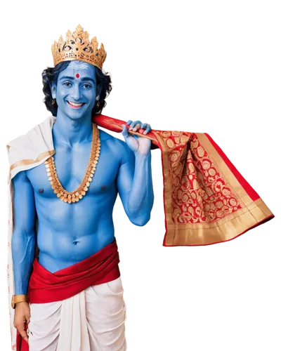 Hindu god, Lord Krishna, blue-skinned, smiling, gentle eyes, adorned crown, golden ornaments, white dhoti, red shawl, flute in hand, standing, blessings gesture, soft focus, warm lighting, shallow dep