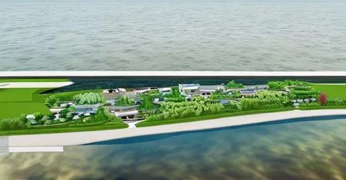 artificial island,3d rendering,offshore wind park,sewage treatment plant,artificial islands,coastal protection,seaside resort,house by the water,wastewater treatment,golf resort,new housing developmen