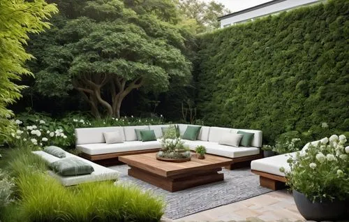 Landscape with rounded shapes, natural texture of moss, hedera and tall trees of the house in the countryside next to the eclectic modern brick house. close up of comfortable teak seating with striped