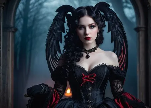 Lilith, dark queen, mysterious, solo, (18yo), pale skin, bold red lips, long curly black hair, intricate horns, wings, Victorian-era inspired gothic dress, corset, lace gloves, high heels, ornate jewe