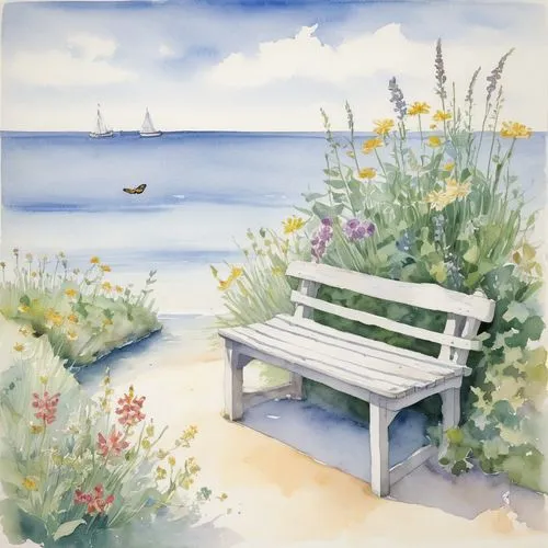 A heavenly seascape and soothing vegetation, a rowboat tied to the pier, a bench by the water, a butterfly flying in the background,
 with a bouquet of flowers,bench by the sea,watercolor background,b