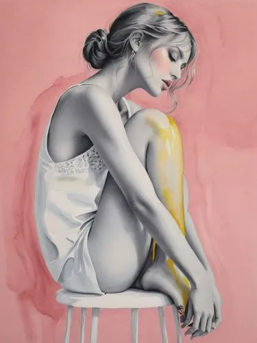 Pour her sweet open eyes,a painting of a woman in white on a stool,chalk drawing,fabric painting,girl sitting,underpainting,girl with bread-and-butter,soft pastel,Photography,Black and white photograp