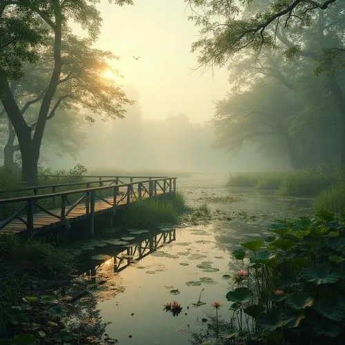 morning mist,foggy landscape,wooden bridge,mists,morning fog,nature wallpaper,nature landscape,autumn fog,foggy forest,tranquility,landscape nature,beautiful landscape,forest lake,calmness,forest landscape,fog banks,foggy day,mist,stillness,quietude,Photography,General,Realistic