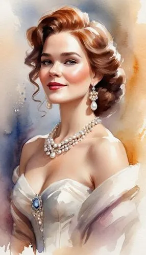 maureen o'hara - female,noblewoman,bridal jewelry,pearl necklace,frigga,vintage woman,Illustration,Paper based,Paper Based 24