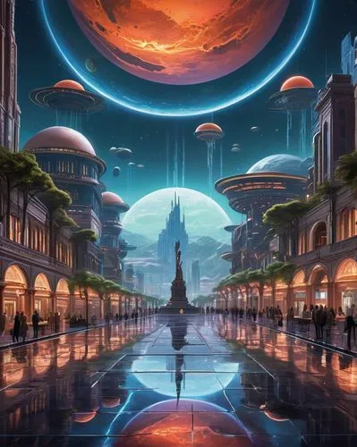 futuristic landscape,gallifrey,utopian,barsoom,coruscant,alien planet,sci fiction illustration,atlantis,alien world,fantasy landscape,skyterra,fantasy picture,planetaria,fantasy world,citadels,homeworld,fantasy city,utopia,space art,stellaris,Illustration,Realistic Fantasy,Realistic Fantasy 43