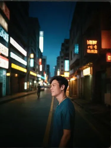 handsome man 18_year_old vietnamese men, Ruddy skin, standing,Height is 145 cm, blurry night city background,volumetric light, cinematic, octane rendering, uplighting, blur-free, depth of field, dof, 