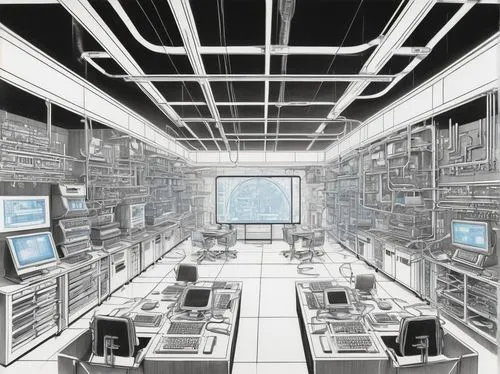 the server room,computer room,spacelab,mainframes,terminals,holodeck,datacenter,cyberspace,cleanrooms,spaceship interior,mailroom,supercomputing,wireframe,copyspace,data center,virtualized,working space,wireframe graphics,laboratory,control center,Illustration,Black and White,Black and White 30