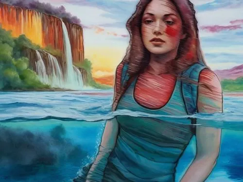 beautiful lady swimming, long hair , white vest in the water, wide view with waterfalls and green forest abanding,a painting of a young woman by the edge of a body of water,,jasinski,girl on the river