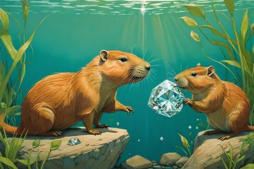 aquarium inhabitants,gerbils,underwater background,aquarium,capybaras,whimsical animals,Illustration,Paper based,Paper Based 17