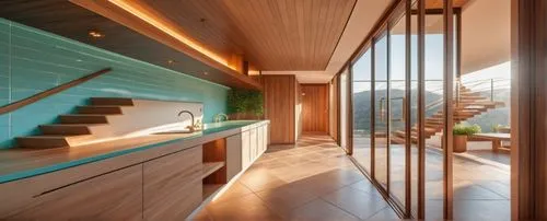 Mint tiles on the floor, wooden panels on the ceiling, warm colored lights on the lights, ivory faucets, delicious food, sunlight outside the window,wooden sauna,luxury bathroom,dunes house,over water