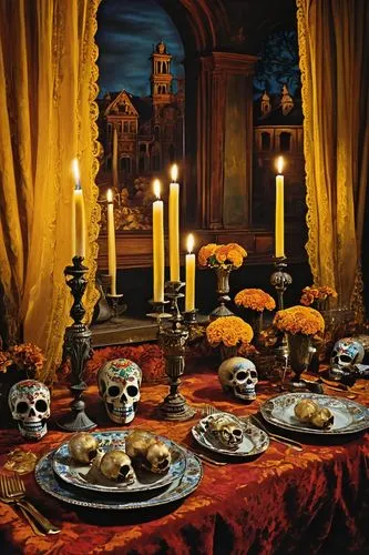 tablescape,day of the dead,day of the dead skeleton,halloween pumpkin gifts,decorative pumpkins,halloween decor,dia de los muertos,table setting,thanksgiving table,halloween scene,dining table,holiday table,autumn decor,pan de muerto,halloween travel trailer,halloweenkuerbis,vanitas,tea party collection,food table,dining room,Art,Artistic Painting,Artistic Painting 01