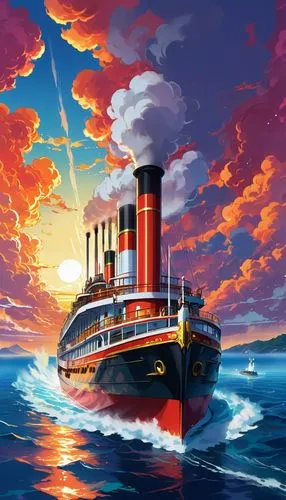 The roar of its steam engine fills the air as it sails through the vast expanse of the ocean, its sleek lines reflecting the bright lights of the 1990s. The vessel is adorned with advanced technology 