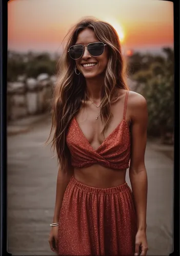 
generate a polaroid photo style image with the appearance of a photo weathered by time, with a 360 degree panoramic view, on a wonderful sunset day with a spectacular, wonderful sky and She is a very