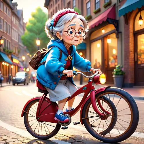 old grandma,cartoon style, driving bike,woman bicycle,bicycle,city bike,biking,cycling,bicycle mechanic,delivery service,bicycle ride,bike kids,cute cartoon character,bicycle riding,newspaper delivery