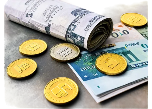 Real money, scattered bills, crumpled papers, US dollars, euro coins, gold-plated edges, worn-out surfaces, morning light, shallow depth of field, warm color tone, cinematic composition, 3/4 view, clo