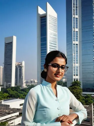 3D architecture designer, Indian woman, 25yo, Punjabi features, dark hair tied in a bun, minimal makeup, glasses perched on nose, white salwar kameez, black heels, holding a tablet and pencil, standin