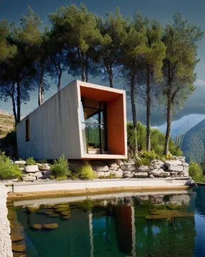 garden and finnish landscape in summer time,corten steel,cubic house,zumthor,snohetta,inverted cottage,house in the mountains,mirror house,summer house,house in mountains,house by the water,pool house