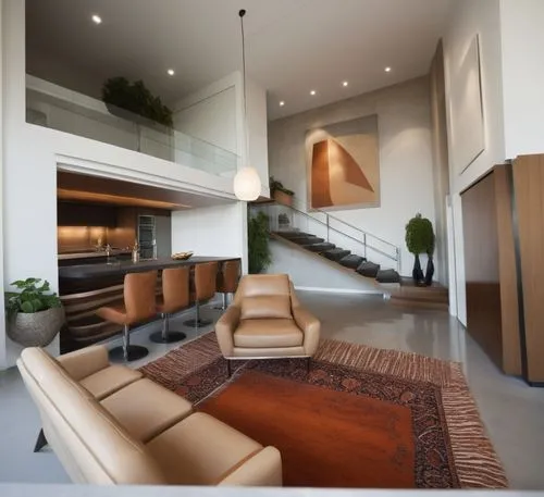 In a minimalist space filled with an extravagance of natural beauty, a futuristic space with sleek, modern armchairs and a sleek Persian-style rug. To the wall, a modern kitchen with modern appliances