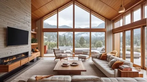 the cabin in the mountains,house in the mountains,modern living room,chalet,alpine style,snohetta,house in mountains,snow house,luxury home interior,living room,sunroom,coziness,log cabin,log home,fire place,livingroom,wooden windows,family room,wooden beams,wood window,Photography,General,Realistic