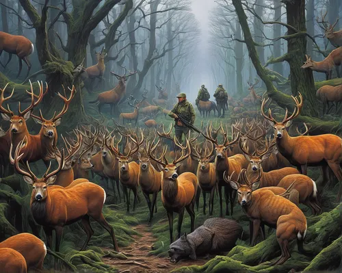 hunting scene,forest animals,animals hunting,pere davids deer,deer illustration,woodland animals,red deer,animal migration,deers,deer hunting,elk,fawns,european deer,forest workers,hunting dogs,deer,stag,fox hunting,forest of dreams,deer park,Conceptual Art,Fantasy,Fantasy 04