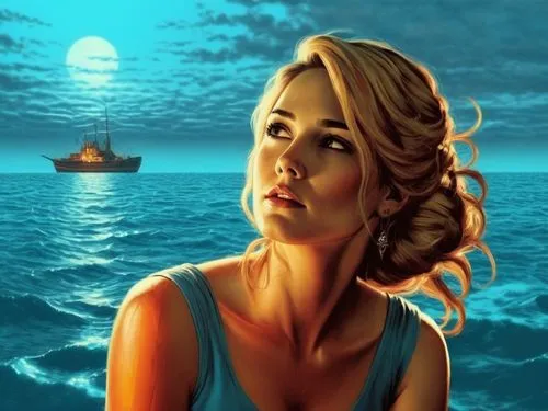 girl on the boat,amphitrite,the sea maid,ariadne,nereids,atlantica,Illustration,Realistic Fantasy,Realistic Fantasy 25