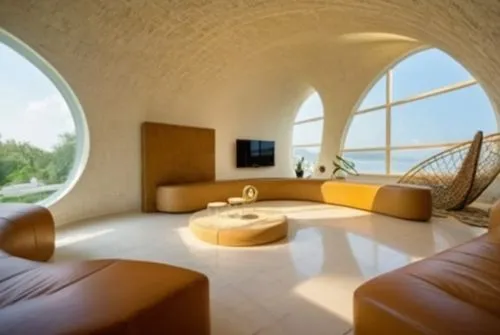 Temporary ecological residence project inspired by snail form
The space inside the residence,a living room has a large window with large round panes,vaulted ceiling,earthship,mahdavi,superadobe,great 