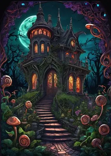 witch's house,halloween background,witch house,fairy house,majora,halloween wallpaper,the haunted house,fairy village,odditorium,halloween border,fairy tale castle,haunted castle,mushroom landscape,haunted house,fairy door,haunted forest,ghost castle,halloween scene,nidularium,halloween illustration,Illustration,Realistic Fantasy,Realistic Fantasy 47