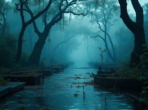 Wetland scene, indigo color tone, bold and vibrant, murky waters, twisted cypress trees, tangled mangrove roots, misty fog rising from the ground, mysterious atmosphere, warm soft lighting, 3/4 compos