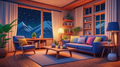 A cosy 3D Pixar living room at night.,cartoon video game background,the cabin in the mountains,livingroom,modern room,snowhotel,3d background,visual effect lighting,small cabin,3d render,warm and cozy