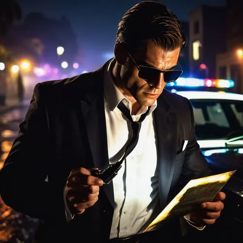 Los Angeles CSI, male detective, 30s, muscular build, short brown hair, sunglasses, white shirt, black tie, black suit, badge on chest, holding a flashlight, examining evidence at crime scene, city st