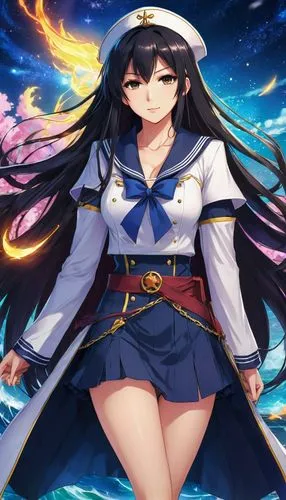 
A beautiful and enigmatic mage,  very long straight dark hair and wearing a long sailor outfit consisting of a skirt, t-shirt and overcoat.,an anime character dressed in sailor attire and holding a s