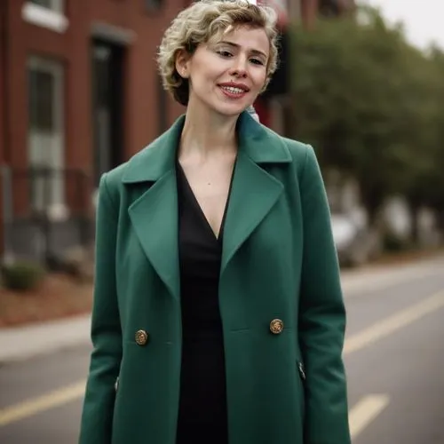 short and petite woman, green coat, short wavy hair,bolero jacket,pantsuit,woman in menswear,coat,female doctor,green jacket,green dress,academic dress,politician,virginia,real estate agent,irish soft